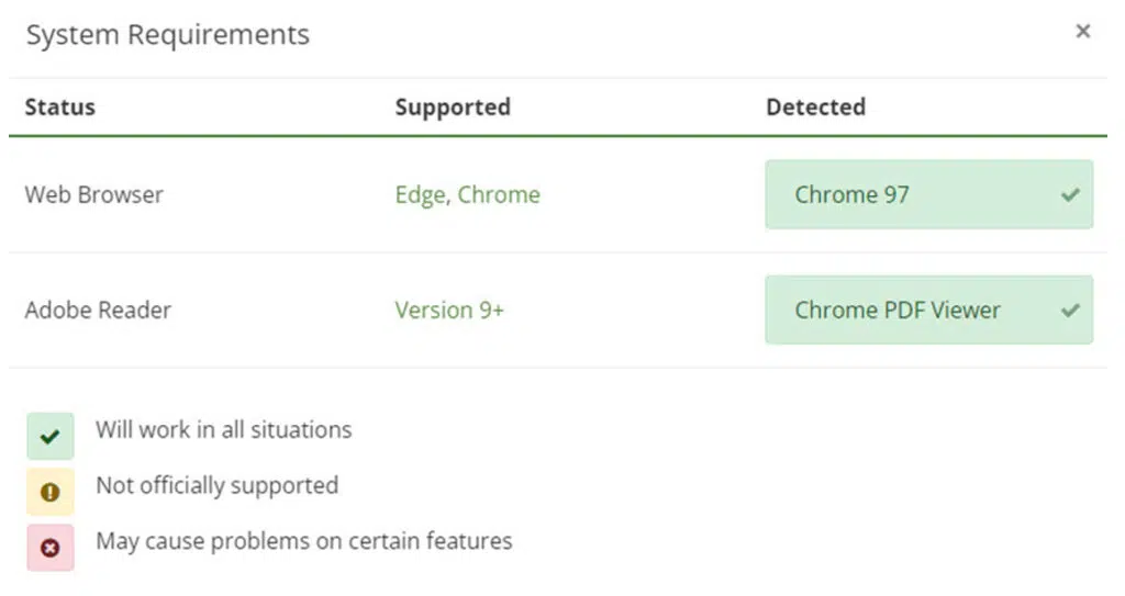 Screenshot showing the second step in the System Requirements journey