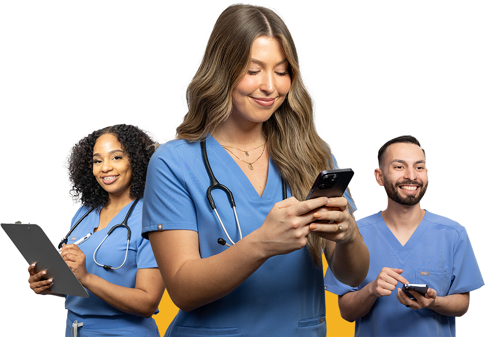 2 female and 1 male healthcare workers in scrubs in different poses and smiling