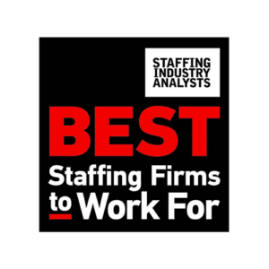 Award badge from Staffing Industry Analysts with ‘BEST Staffing Firms to Work For’ text, set against a black background with red and white lettering, recognizing excellence in staffing firms