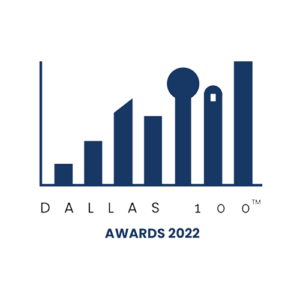 Logo for the DALLAS 100™ AWARDS 2022 featuring a stylized blue bar graph skyline with the text ‘DALLAS 100™’ above and ‘AWARDS 2022’ below, symbolizing recognition of top-performing companies or individuals in Dallas