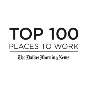 A logo with the text ‘TOP 100 PLACES TO WORK’ in bold uppercase letters, accompanied by ‘The Dallas Morning News’ below, signifying recognition of exemplary workplace environments